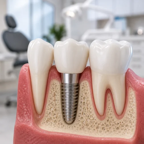Modelo em corte mostrando um implante de titânio com coroa entre dois dentes naturais